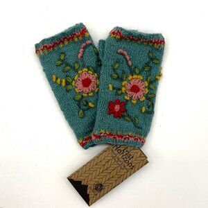 Fair Trade Hand-Knitted Wool Floral Embroidered Hand warmers aqua green